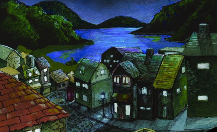 Drawing of Village under moonlight